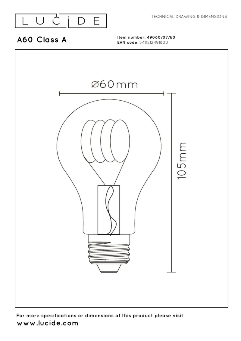 Lucide A60 Trieda A - Žiarovka - Ø 6 cm - LED - E27 - 1x7W 2700K - Transparent